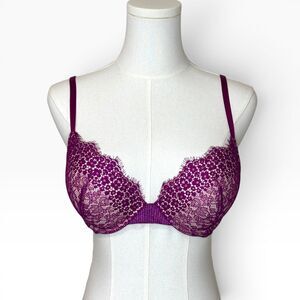 Victoria’s Secret Purple Lace Push Up Bra 34C Underwire Plunge Padded Magenta